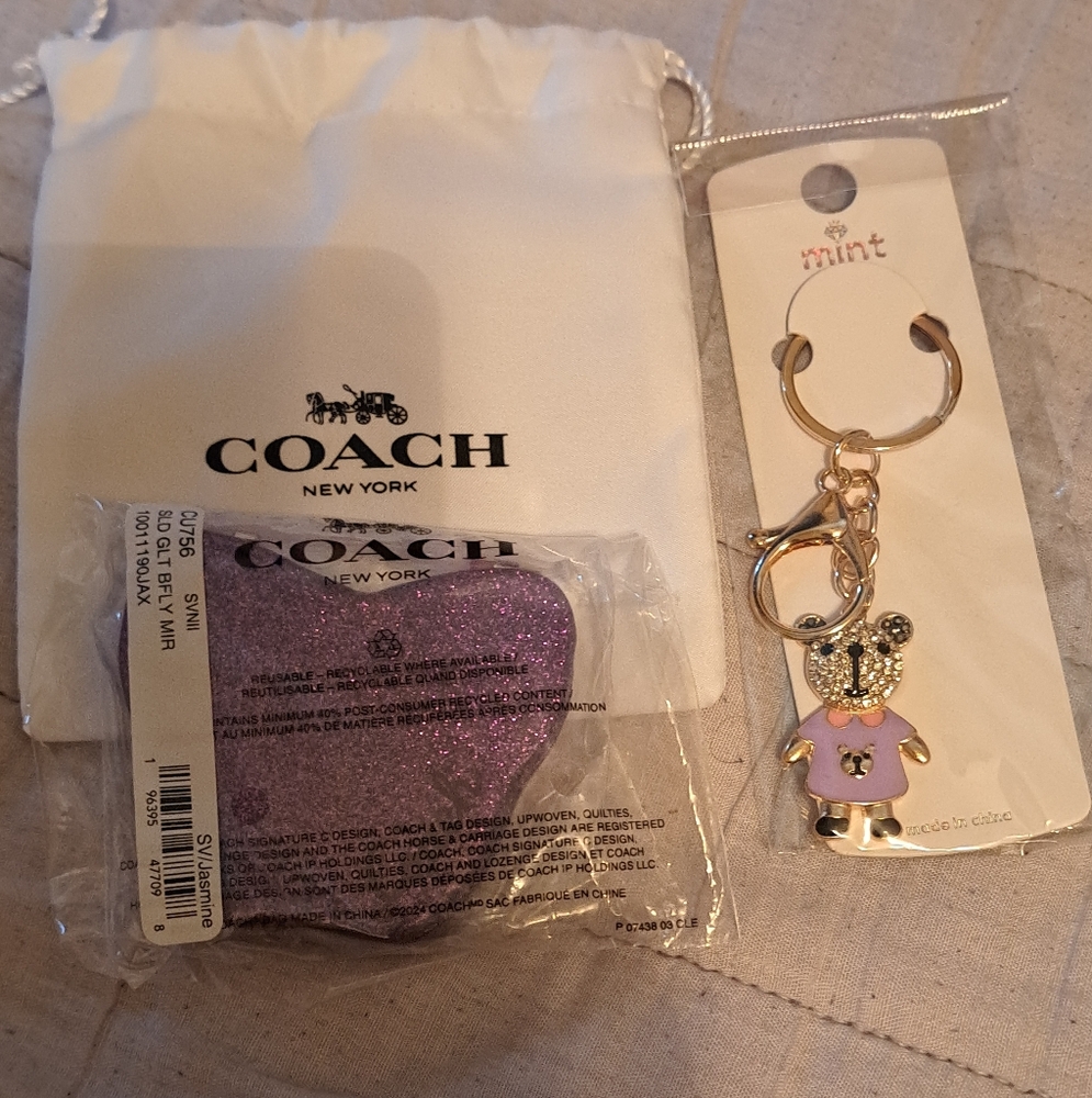 Coach mirror with dust bag and cute Mint bear charm NWT, dust bag NWOT